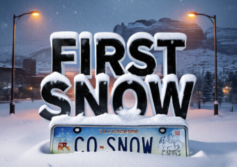 A viral, hyper-realistic YouTube thumbnail with a dramatic winter storm atmosphere. The background is a dark, moody Grand Junction skyline at night with heavy snow swirling under orange streetlights and the Colorado National Monument barely visible through the blizzard. The composition uses a low-angle shot to focus on the main subject: a thick layer of fresh snow piling on a classic Colorado license plate that reads "CO SNOW". Image size should be 3:2. The image features massive 3D typography with strict hierarchy: The Primary Text reads exactly: 'FIRST SNOW'. This text is massive, the largest element in the frame, rendered in icy blue chrome with realistic frost and snow accumulation to look like a high-budget 3D render. The Secondary Text reads exactly: 'Hits Tonight'. This text is significantly smaller, positioned below the main text. It features a thick, glowing red border/outline (sticker style) to contrast against the background. Make sure text 2 is always different theme, style, effect and border compared to text 1.