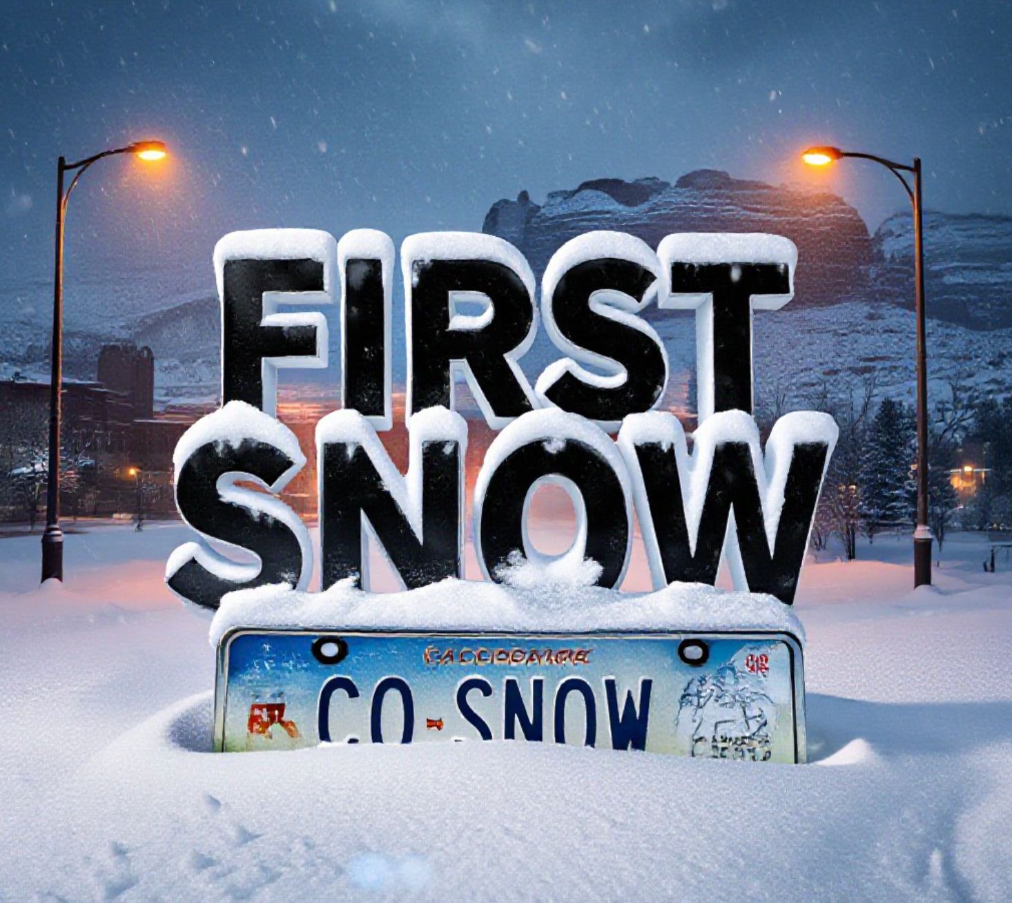 A viral, hyper-realistic YouTube thumbnail with a dramatic winter storm atmosphere. The background is a dark, moody Grand Junction skyline at night with heavy snow swirling under orange streetlights and the Colorado National Monument barely visible through the blizzard. The composition uses a low-angle shot to focus on the main subject: a thick layer of fresh snow piling on a classic Colorado license plate that reads "CO SNOW". Image size should be 3:2.
The image features massive 3D typography with strict hierarchy:
The Primary Text reads exactly: 'FIRST SNOW'. This text is massive, the largest element in the frame, rendered in icy blue chrome with realistic frost and snow accumulation to look like a high-budget 3D render.
The Secondary Text reads exactly: 'Hits Tonight'. This text is significantly smaller, positioned below the main text. It features a thick, glowing red border/outline (sticker style) to contrast against the background. Make sure text 2 is always different theme, style, effect and border compared to text 1.