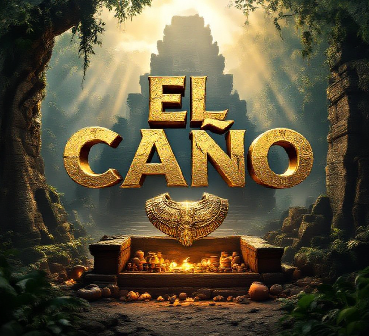 A viral, hyper-realistic YouTube thumbnail with a mysterious ancient temple atmosphere. The background is a misty Panama jungle at golden hour with dramatic shafts of light cutting through massive ceiba trees and faint stone monoliths covered in moss. The composition uses a dramatic low-angle shot to focus on the main subject: a gleaming pre-Columbian gold breastplate with embossed supernatural creature floating above an open tomb filled with glowing ceramics and whale-tooth ivory. Image size should be 3:2. The image features massive 3D typography with strict hierarchy: The Primary Text reads exactly: 'EL CAÑO GOLD'. This text is massive, the largest element in the frame, rendered in molten liquid gold with realistic drips and reflections to look like a high-budget 3D render. The Secondary Text reads exactly: 'Richest Tomb Ever Found'. This text is significantly smaller, positioned below the main text with a thick electric-blue glowing border and subtle lightning effect to contrast against the background. Make sure text 2 is always different theme, style, effect and border compared to text 1. The text materials correspond to the story's concept. Crucial Instruction: There is absolutely NO other text, numbers, watermarks, or subtitles in this image other than these two specific lines. 8k, Unreal Engine 5, cinematic render