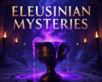 A viral, hyper-realistic YouTube thumbnail with a dark ancient Greek mystical atmosphere. The background is the shadowy interior of the Telesterion at Eleusis with faint glowing torches and swirling purple-blue psychedelic mist. The composition uses a dramatic low-angle shot to focus on the main subject: a beautiful ancient Greek bronze kykeon cup overflowing with glowing violet liquid. Image size should be 3:2. The image features massive 3D typography with strict hierarchy: The Primary Text reads exactly: 'ELEUSINIAN MYSTERIES'. This text is massive, the largest element in the frame, rendered in molten gold with subtle psychedelic distortion to look like a high-budget 3D render. The Secondary Text reads exactly: 'PSYCHEDELIC SECRET REVEALED'. This text is significantly smaller, positioned below the main text. It features a thick neon-purple glowing border to contrast against the background. Make sure text 2 is always different theme, style, effect and border compared to text 1.