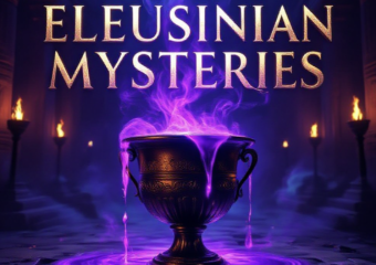 A viral, hyper-realistic YouTube thumbnail with a dark ancient Greek mystical atmosphere. The background is the shadowy interior of the Telesterion at Eleusis with faint glowing torches and swirling purple-blue psychedelic mist. The composition uses a dramatic low-angle shot to focus on the main subject: a beautiful ancient Greek bronze kykeon cup overflowing with glowing violet liquid. Image size should be 3:2. The image features massive 3D typography with strict hierarchy: The Primary Text reads exactly: 'ELEUSINIAN MYSTERIES'. This text is massive, the largest element in the frame, rendered in molten gold with subtle psychedelic distortion to look like a high-budget 3D render. The Secondary Text reads exactly: 'PSYCHEDELIC SECRET REVEALED'. This text is significantly smaller, positioned below the main text. It features a thick neon-purple glowing border to contrast against the background. Make sure text 2 is always different theme, style, effect and border compared to text 1.