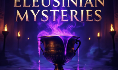 A viral, hyper-realistic YouTube thumbnail with a dark ancient Greek mystical atmosphere. The background is the shadowy interior of the Telesterion at Eleusis with faint glowing torches and swirling purple-blue psychedelic mist. The composition uses a dramatic low-angle shot to focus on the main subject: a beautiful ancient Greek bronze kykeon cup overflowing with glowing violet liquid. Image size should be 3:2. The image features massive 3D typography with strict hierarchy: The Primary Text reads exactly: 'ELEUSINIAN MYSTERIES'. This text is massive, the largest element in the frame, rendered in molten gold with subtle psychedelic distortion to look like a high-budget 3D render. The Secondary Text reads exactly: 'PSYCHEDELIC SECRET REVEALED'. This text is significantly smaller, positioned below the main text. It features a thick neon-purple glowing border to contrast against the background. Make sure text 2 is always different theme, style, effect and border compared to text 1.