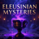 A viral, hyper-realistic YouTube thumbnail with a dark ancient Greek mystical atmosphere. The background is the shadowy interior of the Telesterion at Eleusis with faint glowing torches and swirling purple-blue psychedelic mist. The composition uses a dramatic low-angle shot to focus on the main subject: a beautiful ancient Greek bronze kykeon cup overflowing with glowing violet liquid. Image size should be 3:2. The image features massive 3D typography with strict hierarchy: The Primary Text reads exactly: 'ELEUSINIAN MYSTERIES'. This text is massive, the largest element in the frame, rendered in molten gold with subtle psychedelic distortion to look like a high-budget 3D render. The Secondary Text reads exactly: 'PSYCHEDELIC SECRET REVEALED'. This text is significantly smaller, positioned below the main text. It features a thick neon-purple glowing border to contrast against the background. Make sure text 2 is always different theme, style, effect and border compared to text 1.