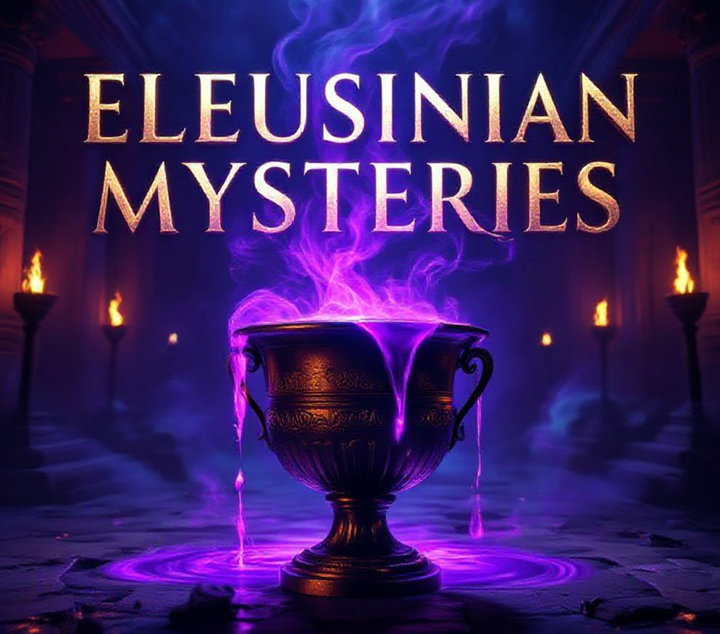 A viral, hyper-realistic YouTube thumbnail with a dark ancient Greek mystical atmosphere. The background is the shadowy interior of the Telesterion at Eleusis with faint glowing torches and swirling purple-blue psychedelic mist. The composition uses a dramatic low-angle shot to focus on the main subject: a beautiful ancient Greek bronze kykeon cup overflowing with glowing violet liquid. Image size should be 3:2. The image features massive 3D typography with strict hierarchy: The Primary Text reads exactly: 'ELEUSINIAN MYSTERIES'. This text is massive, the largest element in the frame, rendered in molten gold with subtle psychedelic distortion to look like a high-budget 3D render. The Secondary Text reads exactly: 'PSYCHEDELIC SECRET REVEALED'. This text is significantly smaller, positioned below the main text. It features a thick neon-purple glowing border to contrast against the background. Make sure text 2 is always different theme, style, effect and border compared to text 1.