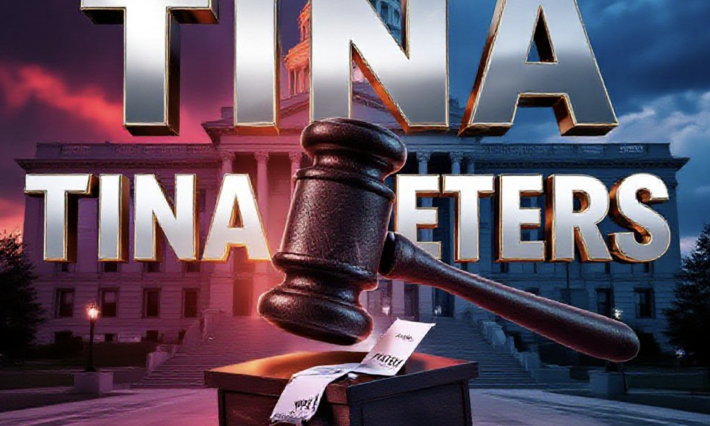A viral, hyper-realistic YouTube thumbnail with a dramatic political atmosphere. The background is the Colorado State Capitol at dusk with storm clouds gathering and dramatic red-blue lighting split down the middle. The composition uses a low-angle shot to focus on the main subject: a massive cracked granite gavel hovering over a shattered ballot box spilling votes. Image size should be 3:2. The image features massive 3D typography with strict hierarchy: The Primary Text reads exactly: 'TINA PETERS'. This text is massive, the largest element in the frame, rendered in molten chrome with glowing orange edges to look like a high-budget 3D render. The Secondary Text reads exactly: '9 YEARS OR FREEDOM?'. This text is significantly smaller, positioned below the main text. It features a thick white border with red glow outline (sticker style) to contrast against the background. Make sure text 2 is always different theme, style, effect and border compared to text 1.