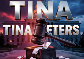 A viral, hyper-realistic YouTube thumbnail with a dramatic political atmosphere. The background is the Colorado State Capitol at dusk with storm clouds gathering and dramatic red-blue lighting split down the middle. The composition uses a low-angle shot to focus on the main subject: a massive cracked granite gavel hovering over a shattered ballot box spilling votes. Image size should be 3:2. The image features massive 3D typography with strict hierarchy: The Primary Text reads exactly: 'TINA PETERS'. This text is massive, the largest element in the frame, rendered in molten chrome with glowing orange edges to look like a high-budget 3D render. The Secondary Text reads exactly: '9 YEARS OR FREEDOM?'. This text is significantly smaller, positioned below the main text. It features a thick white border with red glow outline (sticker style) to contrast against the background. Make sure text 2 is always different theme, style, effect and border compared to text 1.