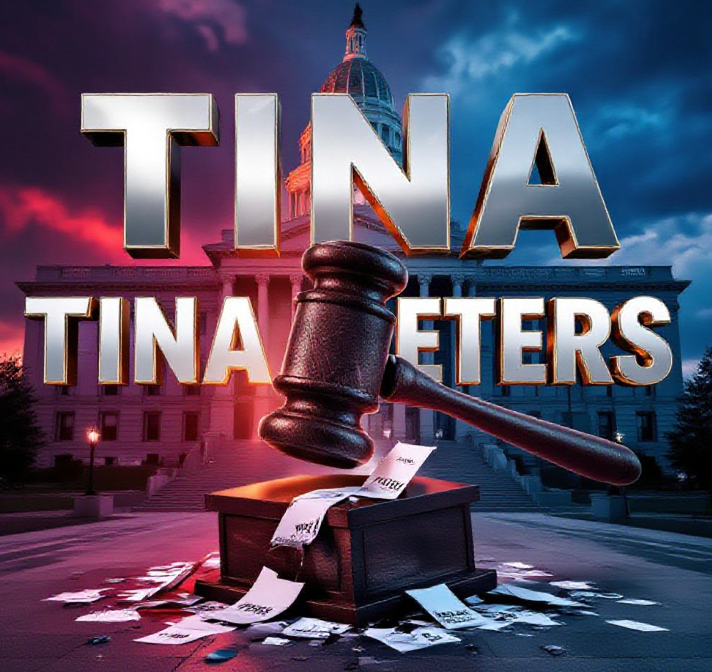 A viral, hyper-realistic YouTube thumbnail with a dramatic political atmosphere. The background is the Colorado State Capitol at dusk with storm clouds gathering and dramatic red-blue lighting split down the middle. The composition uses a low-angle shot to focus on the main subject: a massive cracked granite gavel hovering over a shattered ballot box spilling votes. Image size should be 3:2.
The image features massive 3D typography with strict hierarchy:
The Primary Text reads exactly: 'TINA PETERS'. This text is massive, the largest element in the frame, rendered in molten chrome with glowing orange edges to look like a high-budget 3D render.
The Secondary Text reads exactly: '9 YEARS OR FREEDOM?'. This text is significantly smaller, positioned below the main text. It features a thick white border with red glow outline (sticker style) to contrast against the background. Make sure text 2 is always different theme, style, effect and border compared to text 1.