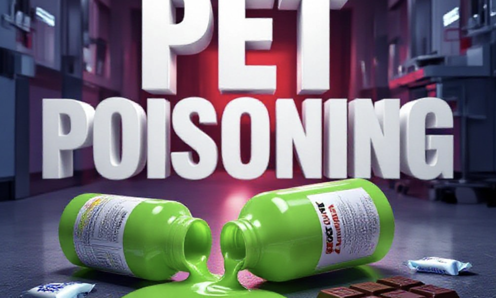 A viral, hyper-realistic YouTube thumbnail with a dramatic emergency veterinary atmosphere. The background is a tense veterinary ER room at night with red emergency lighting glowing through open doors and medical equipment scattered. The composition uses a low-angle dramatic shot to focus on the main subject: a spilled bottle of bright green antifreeze leaking on garage floor next to scattered xylitol gum packets and a half-eaten chocolate bar. Image size should be 3:2. The image features massive 3D typography with strict hierarchy: The Primary Text reads exactly: 'PET POISONING'. This text is massive, the largest element in the frame, rendered in toxic neon green liquid metal dripping to look like a high-budget 3D render. The Secondary Text reads exactly: 'ACT FAST OR LOSE THEM'. This text is significantly smaller, positioned below the main text. It features a thick, glowing red border/outline (sticker style) to contrast against the background. Make sure text 2 is always different theme, style, effect and border compared to text 1. The text materials correspond to the story's concept. Crucial Instruction: There is absolutely NO other text, numbers, watermarks, or subtitles in this image other than these two specific lines. 8k, Unreal Engine 5, cinematic render.