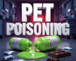 A viral, hyper-realistic YouTube thumbnail with a dramatic emergency veterinary atmosphere. The background is a tense veterinary ER room at night with red emergency lighting glowing through open doors and medical equipment scattered. The composition uses a low-angle dramatic shot to focus on the main subject: a spilled bottle of bright green antifreeze leaking on garage floor next to scattered xylitol gum packets and a half-eaten chocolate bar. Image size should be 3:2. The image features massive 3D typography with strict hierarchy: The Primary Text reads exactly: 'PET POISONING'. This text is massive, the largest element in the frame, rendered in toxic neon green liquid metal dripping to look like a high-budget 3D render. The Secondary Text reads exactly: 'ACT FAST OR LOSE THEM'. This text is significantly smaller, positioned below the main text. It features a thick, glowing red border/outline (sticker style) to contrast against the background. Make sure text 2 is always different theme, style, effect and border compared to text 1. The text materials correspond to the story's concept. Crucial Instruction: There is absolutely NO other text, numbers, watermarks, or subtitles in this image other than these two specific lines. 8k, Unreal Engine 5, cinematic render.