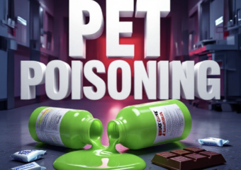 A viral, hyper-realistic YouTube thumbnail with a dramatic emergency veterinary atmosphere. The background is a tense veterinary ER room at night with red emergency lighting glowing through open doors and medical equipment scattered. The composition uses a low-angle dramatic shot to focus on the main subject: a spilled bottle of bright green antifreeze leaking on garage floor next to scattered xylitol gum packets and a half-eaten chocolate bar. Image size should be 3:2. The image features massive 3D typography with strict hierarchy: The Primary Text reads exactly: 'PET POISONING'. This text is massive, the largest element in the frame, rendered in toxic neon green liquid metal dripping to look like a high-budget 3D render. The Secondary Text reads exactly: 'ACT FAST OR LOSE THEM'. This text is significantly smaller, positioned below the main text. It features a thick, glowing red border/outline (sticker style) to contrast against the background. Make sure text 2 is always different theme, style, effect and border compared to text 1. The text materials correspond to the story's concept. Crucial Instruction: There is absolutely NO other text, numbers, watermarks, or subtitles in this image other than these two specific lines. 8k, Unreal Engine 5, cinematic render.
