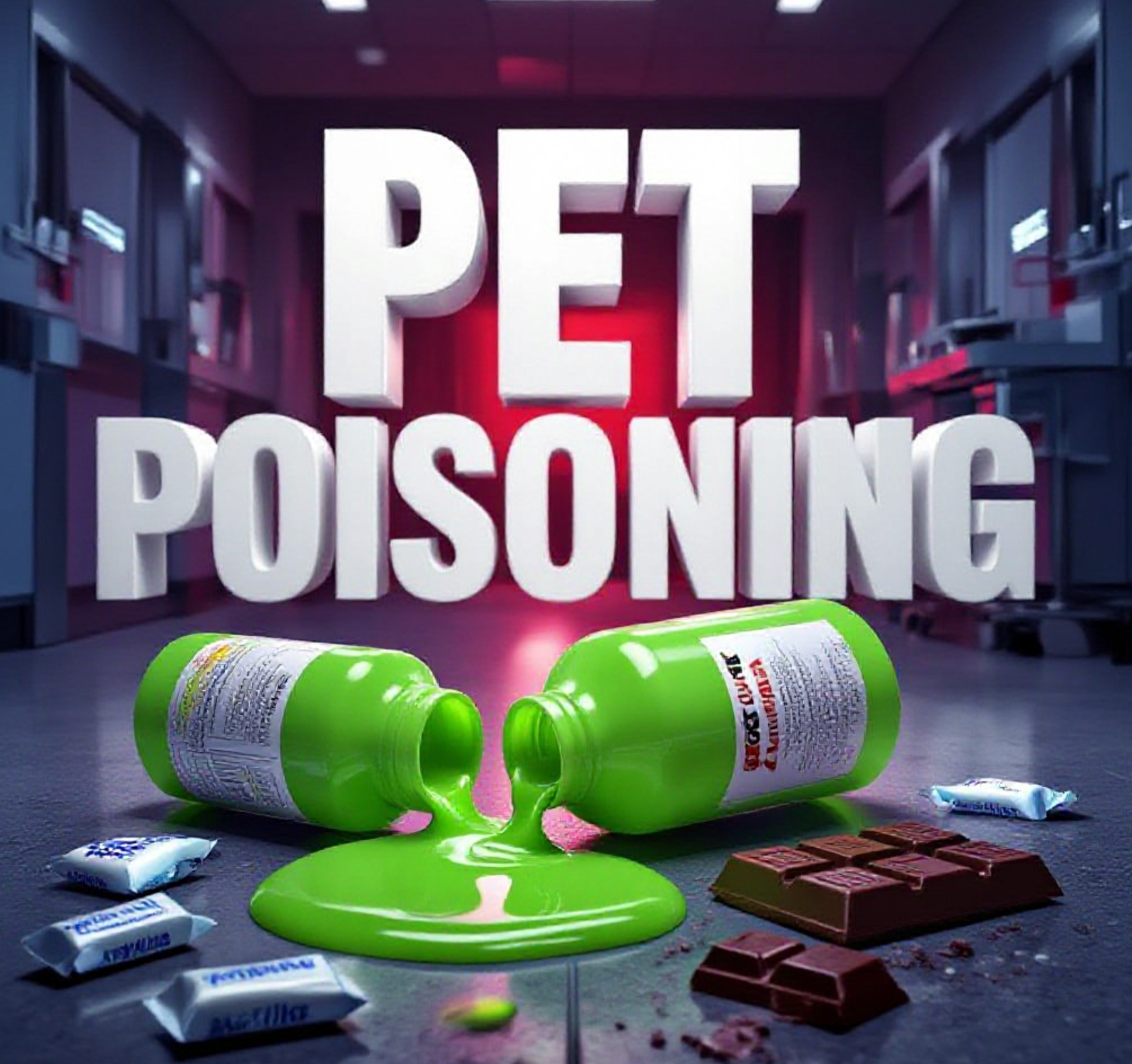 A viral, hyper-realistic YouTube thumbnail with a dramatic emergency veterinary atmosphere. The background is a tense veterinary ER room at night with red emergency lighting glowing through open doors and medical equipment scattered. The composition uses a low-angle dramatic shot to focus on the main subject: a spilled bottle of bright green antifreeze leaking on garage floor next to scattered xylitol gum packets and a half-eaten chocolate bar. Image size should be 3:2. The image features massive 3D typography with strict hierarchy: The Primary Text reads exactly: 'PET POISONING'. This text is massive, the largest element in the frame, rendered in toxic neon green liquid metal dripping to look like a high-budget 3D render. The Secondary Text reads exactly: 'ACT FAST OR LOSE THEM'. This text is significantly smaller, positioned below the main text. It features a thick, glowing red border/outline (sticker style) to contrast against the background. Make sure text 2 is always different theme, style, effect and border compared to text 1. The text materials correspond to the story's concept. Crucial Instruction: There is absolutely NO other text, numbers, watermarks, or subtitles in this image other than these two specific lines. 8k, Unreal Engine 5, cinematic render.