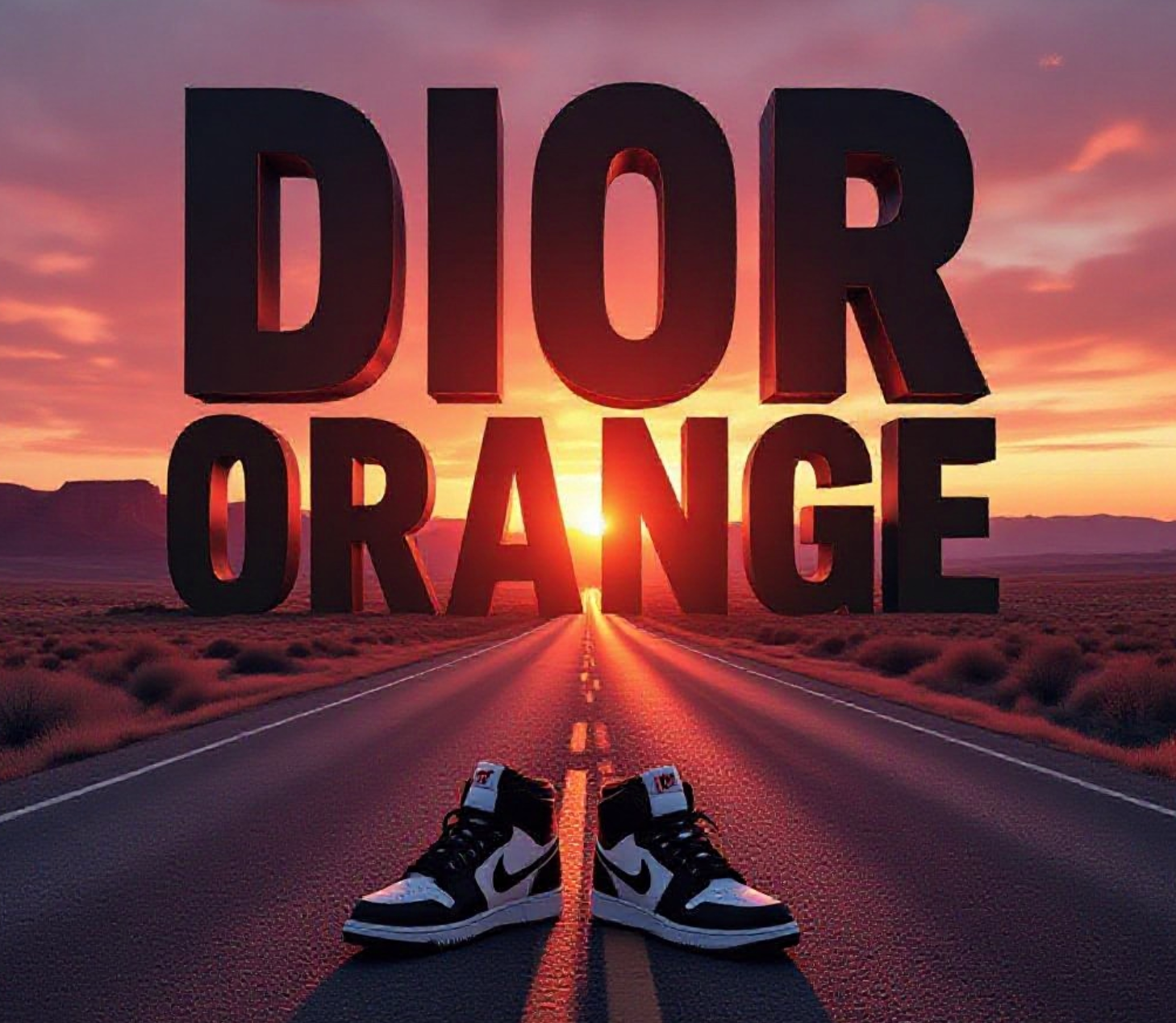 A viral, hyper-realistic YouTube thumbnail with a somber, red-tinted desert atmosphere. The background is a lonely southwest Colorado highway at golden hour with distant red rock mesas and a fading sunset. The composition uses a low-angle dramatic shot to focus on the main subject: a pair of abandoned black and white Nike shoes placed in the middle of an empty rural road. Image size should be 3:2.
The image features massive 3D typography with strict hierarchy:
The Primary Text reads exactly: 'DIOR ORANGE'. This text is massive, the largest element in the frame, rendered in glowing crimson red chrome to look like a high-budget 3D render.
The Secondary Text reads exactly: 'MISSING 16 DAYS'. This text is significantly smaller, positioned below the main text. It features a thick, distressed white border/outline (sticker style) to contrast against the background. Make sure text 2 is always different theme, style, effect and border compared to text 1.