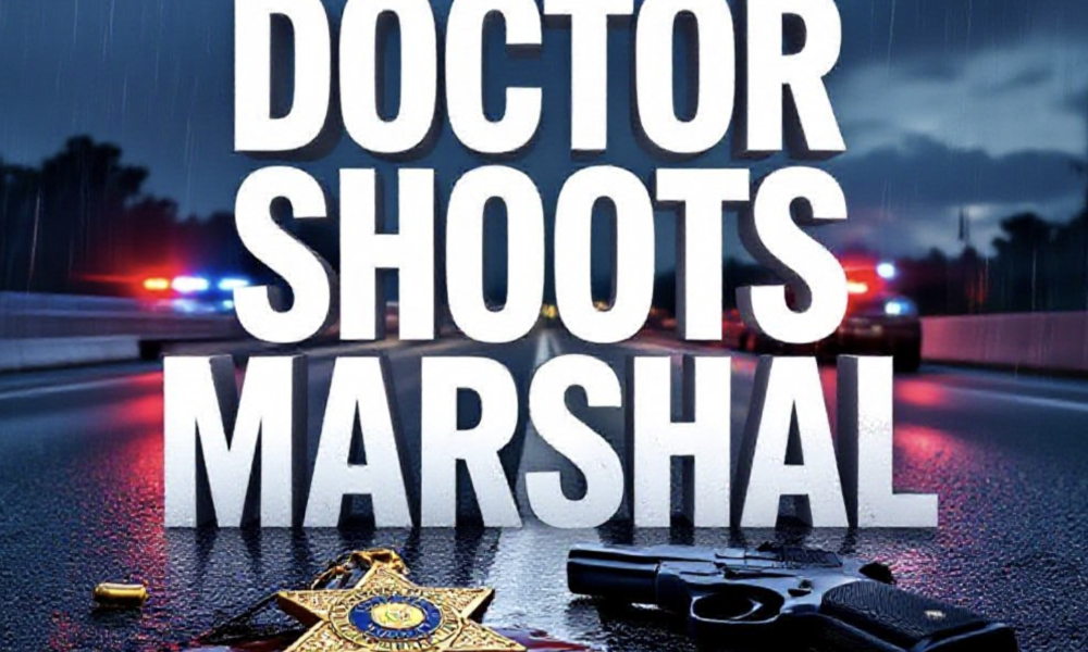 A viral, hyper-realistic YouTube thumbnail with a dramatic crime noir atmosphere. The background is a rain-slicked Florida highway at dusk with swirling police lights and bullet shell casings on wet asphalt. The composition uses a low-angle dramatic shot to focus on the main subject: a blood-stained U.S. Marshal badge lying cracked on the ground next to a dropped handgun. Image size should be 3:2. The image features massive 3D typography with strict hierarchy: The Primary Text reads exactly: 'DOCTOR SHOOTS MARSHAL'. This text is massive, the largest element in the frame, rendered in dripping blood-red chrome to look like a high-budget 3D render. The Secondary Text reads exactly: 'Colorado Trial Delayed'. This text is significantly smaller, positioned below the main text. It features a thick white outline with police-tape yellow border to contrast against the dark background. 8k, Unreal Engine 5, cinematic render.