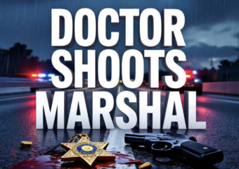 A viral, hyper-realistic YouTube thumbnail with a dramatic crime noir atmosphere. The background is a rain-slicked Florida highway at dusk with swirling police lights and bullet shell casings on wet asphalt. The composition uses a low-angle dramatic shot to focus on the main subject: a blood-stained U.S. Marshal badge lying cracked on the ground next to a dropped handgun. Image size should be 3:2. The image features massive 3D typography with strict hierarchy: The Primary Text reads exactly: 'DOCTOR SHOOTS MARSHAL'. This text is massive, the largest element in the frame, rendered in dripping blood-red chrome to look like a high-budget 3D render. The Secondary Text reads exactly: 'Colorado Trial Delayed'. This text is significantly smaller, positioned below the main text. It features a thick white outline with police-tape yellow border to contrast against the dark background. 8k, Unreal Engine 5, cinematic render.