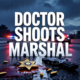 A viral, hyper-realistic YouTube thumbnail with a dramatic crime noir atmosphere. The background is a rain-slicked Florida highway at dusk with swirling police lights and bullet shell casings on wet asphalt. The composition uses a low-angle dramatic shot to focus on the main subject: a blood-stained U.S. Marshal badge lying cracked on the ground next to a dropped handgun. Image size should be 3:2. The image features massive 3D typography with strict hierarchy: The Primary Text reads exactly: 'DOCTOR SHOOTS MARSHAL'. This text is massive, the largest element in the frame, rendered in dripping blood-red chrome to look like a high-budget 3D render. The Secondary Text reads exactly: 'Colorado Trial Delayed'. This text is significantly smaller, positioned below the main text. It features a thick white outline with police-tape yellow border to contrast against the dark background. 8k, Unreal Engine 5, cinematic render.