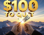 A viral, hyper-realistic YouTube thumbnail with a bold, motivational health atmosphere. The background is a bright Colorado mountain sunrise with fresh snow on the peaks and golden light rays breaking through. The composition uses a dramatic low angle to focus on the main subject: a faceless hand confidently breaking a cigarette in half while holding a crisp $100 bill fluttering in the wind. Image size should be 3:2. The image features massive 3D typography with strict hierarchy: The Primary Text reads exactly: '$100 TO QUIT'. This text is massive, the largest element in the frame, rendered in gleaming chrome with realistic reflections to look like a high-budget 3D render. The Secondary Text reads exactly: 'COLORADO PAYS YOU'. This text is significantly smaller, positioned above the main text. It features a thick, electric-blue glowing outline with subtle pulse effect to contrast against the bright sky. Make sure text 2 is always different theme, style, effect and border compared to text 1. The text materials correspond to the story's concept. Crucial Instruction: There is absolutely NO other text, numbers, watermarks, or subtitles in this image other than these two specific lines. 8k, Unreal Engine 5, cinematic render