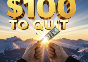 A viral, hyper-realistic YouTube thumbnail with a bold, motivational health atmosphere. The background is a bright Colorado mountain sunrise with fresh snow on the peaks and golden light rays breaking through. The composition uses a dramatic low angle to focus on the main subject: a faceless hand confidently breaking a cigarette in half while holding a crisp $100 bill fluttering in the wind. Image size should be 3:2. The image features massive 3D typography with strict hierarchy: The Primary Text reads exactly: '$100 TO QUIT'. This text is massive, the largest element in the frame, rendered in gleaming chrome with realistic reflections to look like a high-budget 3D render. The Secondary Text reads exactly: 'COLORADO PAYS YOU'. This text is significantly smaller, positioned above the main text. It features a thick, electric-blue glowing outline with subtle pulse effect to contrast against the bright sky. Make sure text 2 is always different theme, style, effect and border compared to text 1. The text materials correspond to the story's concept. Crucial Instruction: There is absolutely NO other text, numbers, watermarks, or subtitles in this image other than these two specific lines. 8k, Unreal Engine 5, cinematic render
