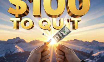 A viral, hyper-realistic YouTube thumbnail with a bold, motivational health atmosphere. The background is a bright Colorado mountain sunrise with fresh snow on the peaks and golden light rays breaking through. The composition uses a dramatic low angle to focus on the main subject: a faceless hand confidently breaking a cigarette in half while holding a crisp $100 bill fluttering in the wind. Image size should be 3:2. The image features massive 3D typography with strict hierarchy: The Primary Text reads exactly: '$100 TO QUIT'. This text is massive, the largest element in the frame, rendered in gleaming chrome with realistic reflections to look like a high-budget 3D render. The Secondary Text reads exactly: 'COLORADO PAYS YOU'. This text is significantly smaller, positioned above the main text. It features a thick, electric-blue glowing outline with subtle pulse effect to contrast against the bright sky. Make sure text 2 is always different theme, style, effect and border compared to text 1. The text materials correspond to the story's concept. Crucial Instruction: There is absolutely NO other text, numbers, watermarks, or subtitles in this image other than these two specific lines. 8k, Unreal Engine 5, cinematic render