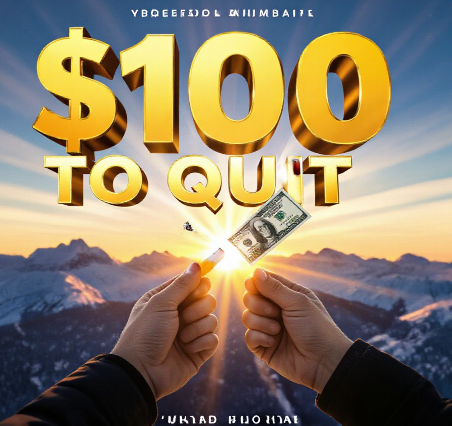 A viral, hyper-realistic YouTube thumbnail with a bold, motivational health atmosphere. The background is a bright Colorado mountain sunrise with fresh snow on the peaks and golden light rays breaking through. The composition uses a dramatic low angle to focus on the main subject: a faceless hand confidently breaking a cigarette in half while holding a crisp $100 bill fluttering in the wind. Image size should be 3:2. The image features massive 3D typography with strict hierarchy: The Primary Text reads exactly: '$100 TO QUIT'. This text is massive, the largest element in the frame, rendered in gleaming chrome with realistic reflections to look like a high-budget 3D render. The Secondary Text reads exactly: 'COLORADO PAYS YOU'. This text is significantly smaller, positioned above the main text. It features a thick, electric-blue glowing outline with subtle pulse effect to contrast against the bright sky. Make sure text 2 is always different theme, style, effect and border compared to text 1. The text materials correspond to the story's concept. Crucial Instruction: There is absolutely NO other text, numbers, watermarks, or subtitles in this image other than these two specific lines. 8k, Unreal Engine 5, cinematic render
