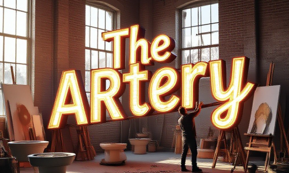 A viral, hyper-realistic YouTube thumbnail with a warm creative workshop atmosphere. The background is a sunlit industrial loft being transformed into art studios with fresh drywall, pottery wheels, easels, and northern light pouring through new windows in downtown Grand Junction. The composition uses a dramatic low-angle shot to focus on the main subject: a massive glowing neon-style sign being installed that spells "The ARTery". Image size should be 3:2. The image features massive 3D typography with strict hierarchy: The Primary Text reads exactly: 'The ARTery'. This text is massive, the largest element in the frame, rendered in electric cyan neon with realistic glow and glass tubing to look like a high-budget 3D render. The Secondary Text reads exactly: 'Opens Summer 2025'. This text is significantly smaller, positioned below the main text. It features a thick, bright orange border/outline (sticker style) to contrast against the background. Make sure text 2 is always different theme, style, effect and border compared to text 1.
