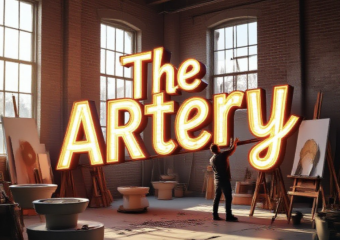 A viral, hyper-realistic YouTube thumbnail with a warm creative workshop atmosphere. The background is a sunlit industrial loft being transformed into art studios with fresh drywall, pottery wheels, easels, and northern light pouring through new windows in downtown Grand Junction. The composition uses a dramatic low-angle shot to focus on the main subject: a massive glowing neon-style sign being installed that spells "The ARTery". Image size should be 3:2. The image features massive 3D typography with strict hierarchy: The Primary Text reads exactly: 'The ARTery'. This text is massive, the largest element in the frame, rendered in electric cyan neon with realistic glow and glass tubing to look like a high-budget 3D render. The Secondary Text reads exactly: 'Opens Summer 2025'. This text is significantly smaller, positioned below the main text. It features a thick, bright orange border/outline (sticker style) to contrast against the background. Make sure text 2 is always different theme, style, effect and border compared to text 1.