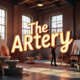 A viral, hyper-realistic YouTube thumbnail with a warm creative workshop atmosphere. The background is a sunlit industrial loft being transformed into art studios with fresh drywall, pottery wheels, easels, and northern light pouring through new windows in downtown Grand Junction. The composition uses a dramatic low-angle shot to focus on the main subject: a massive glowing neon-style sign being installed that spells "The ARTery". Image size should be 3:2. The image features massive 3D typography with strict hierarchy: The Primary Text reads exactly: 'The ARTery'. This text is massive, the largest element in the frame, rendered in electric cyan neon with realistic glow and glass tubing to look like a high-budget 3D render. The Secondary Text reads exactly: 'Opens Summer 2025'. This text is significantly smaller, positioned below the main text. It features a thick, bright orange border/outline (sticker style) to contrast against the background. Make sure text 2 is always different theme, style, effect and border compared to text 1.