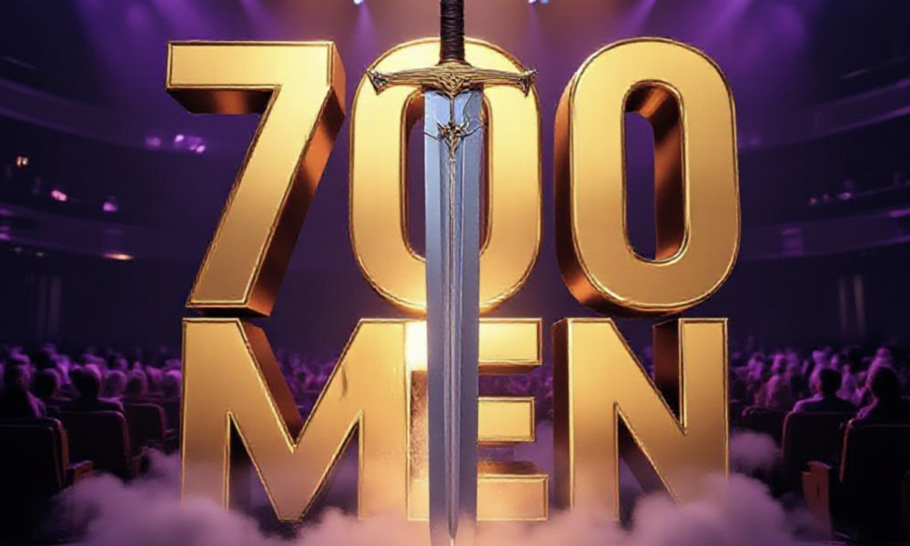 A viral, hyper-realistic YouTube thumbnail with a powerful, faith-filled atmosphere. The background is a packed modern church auditorium at night with dramatic purple and amber stage lighting cutting through haze. The composition uses a low-angle shot to focus on the main subject: a massive glowing steel sword planted blade-down in the stage floor with light beams exploding upward. Image size should be 3:2. The image features massive 3D typography with strict hierarchy: The Primary Text reads exactly: '700 MEN'. This text is massive, the largest element in the frame, rendered in molten gold chrome to look like a high-budget 3D render. The Secondary Text reads exactly: 'STRONG & COURAGEOUS'. This text is significantly smaller, positioned below the main text. It features a thick white glow border with electric blue outline to contrast against the background. Make sure text 2 is always different theme, style, effect and border compared to text 1.