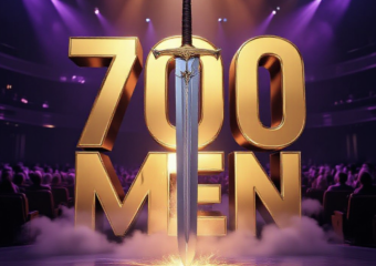 A viral, hyper-realistic YouTube thumbnail with a powerful, faith-filled atmosphere. The background is a packed modern church auditorium at night with dramatic purple and amber stage lighting cutting through haze. The composition uses a low-angle shot to focus on the main subject: a massive glowing steel sword planted blade-down in the stage floor with light beams exploding upward. Image size should be 3:2. The image features massive 3D typography with strict hierarchy: The Primary Text reads exactly: '700 MEN'. This text is massive, the largest element in the frame, rendered in molten gold chrome to look like a high-budget 3D render. The Secondary Text reads exactly: 'STRONG & COURAGEOUS'. This text is significantly smaller, positioned below the main text. It features a thick white glow border with electric blue outline to contrast against the background. Make sure text 2 is always different theme, style, effect and border compared to text 1.