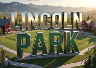A viral, hyper-realistic YouTube thumbnail with a collegiate sports atmosphere. The background is a sprawling public park with green athletic fields, historic barn structure, and mountain ranges visible in the distance under golden hour lighting. The composition uses a low angle drone shot to showcase both the park's scale and the clash between tradition and development. Image size should be 3:2. The image features massive 3D typography with strict hierarchy: The Primary Text reads exactly: 'LINCOLN PARK'. This text is massive, the largest element in the frame, rendered in chrome and emerald green metallic gradient with stadium floodlight reflections to look like a high-budget 3D render. The Secondary Text reads exactly: 'CMU TAKEOVER'. This text is significantly smaller, positioned below the main text. It features a thick, distinct orange and black border/outline (sticker style) to contrast against the background. Make sure text 2 is always different theme, style, effect and border compared to text 1. The text materials correspond to the story's concept. Crucial Instruction: There is absolutely NO other text, numbers, watermarks, or subtitles in this image other than these two specific lines. 8k, Unreal Engine 5, cinematic render