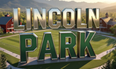 A viral, hyper-realistic YouTube thumbnail with a collegiate sports atmosphere. The background is a sprawling public park with green athletic fields, historic barn structure, and mountain ranges visible in the distance under golden hour lighting. The composition uses a low angle drone shot to showcase both the park's scale and the clash between tradition and development. Image size should be 3:2. The image features massive 3D typography with strict hierarchy: The Primary Text reads exactly: 'LINCOLN PARK'. This text is massive, the largest element in the frame, rendered in chrome and emerald green metallic gradient with stadium floodlight reflections to look like a high-budget 3D render. The Secondary Text reads exactly: 'CMU TAKEOVER'. This text is significantly smaller, positioned below the main text. It features a thick, distinct orange and black border/outline (sticker style) to contrast against the background. Make sure text 2 is always different theme, style, effect and border compared to text 1. The text materials correspond to the story's concept. Crucial Instruction: There is absolutely NO other text, numbers, watermarks, or subtitles in this image other than these two specific lines. 8k, Unreal Engine 5, cinematic render