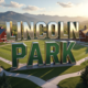 A viral, hyper-realistic YouTube thumbnail with a collegiate sports atmosphere. The background is a sprawling public park with green athletic fields, historic barn structure, and mountain ranges visible in the distance under golden hour lighting. The composition uses a low angle drone shot to showcase both the park's scale and the clash between tradition and development. Image size should be 3:2. The image features massive 3D typography with strict hierarchy: The Primary Text reads exactly: 'LINCOLN PARK'. This text is massive, the largest element in the frame, rendered in chrome and emerald green metallic gradient with stadium floodlight reflections to look like a high-budget 3D render. The Secondary Text reads exactly: 'CMU TAKEOVER'. This text is significantly smaller, positioned below the main text. It features a thick, distinct orange and black border/outline (sticker style) to contrast against the background. Make sure text 2 is always different theme, style, effect and border compared to text 1. The text materials correspond to the story's concept. Crucial Instruction: There is absolutely NO other text, numbers, watermarks, or subtitles in this image other than these two specific lines. 8k, Unreal Engine 5, cinematic render