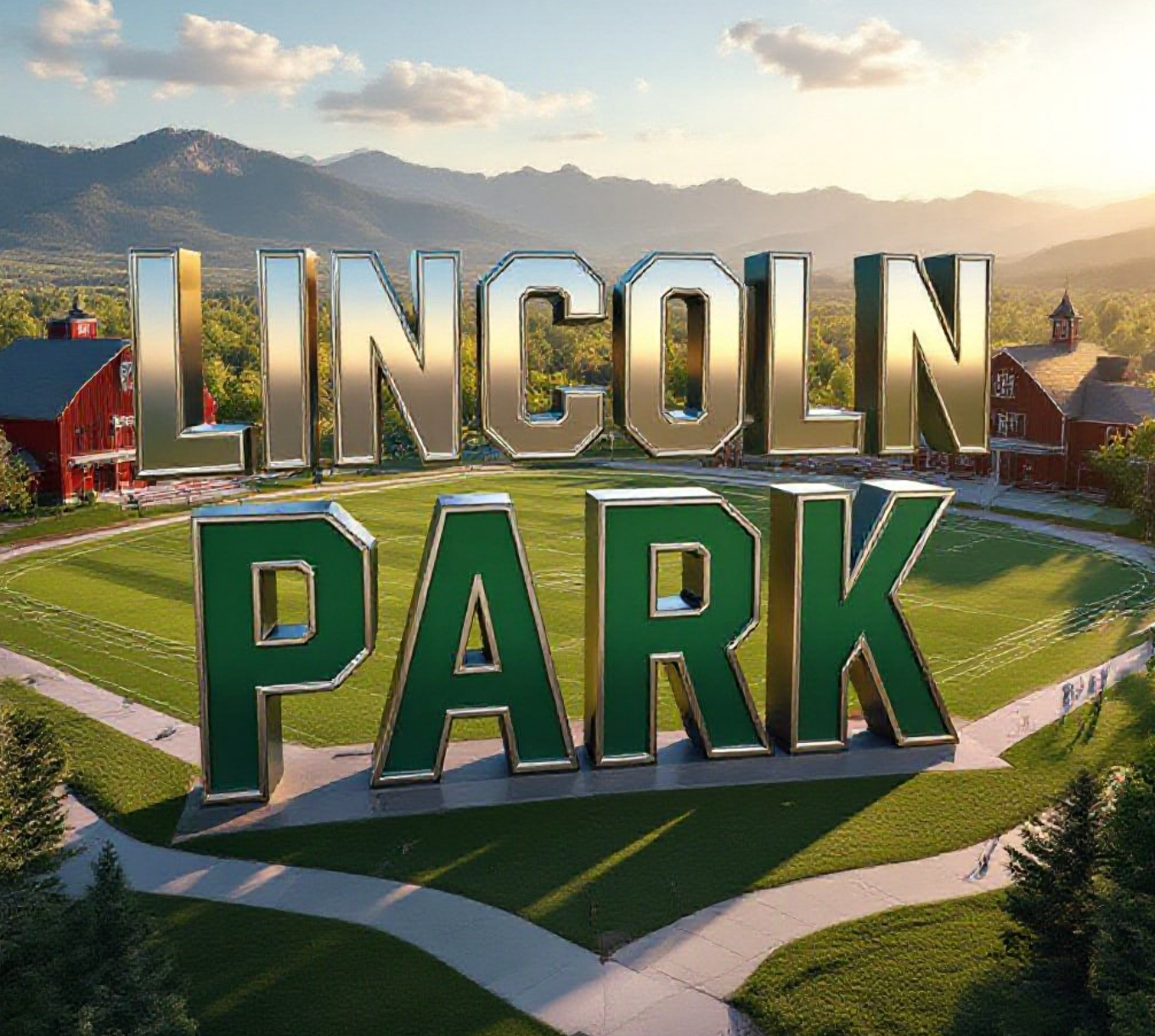 A viral, hyper-realistic YouTube thumbnail with a collegiate sports atmosphere. The background is a sprawling public park with green athletic fields, historic barn structure, and mountain ranges visible in the distance under golden hour lighting. The composition uses a low angle drone shot to showcase both the park's scale and the clash between tradition and development. Image size should be 3:2. The image features massive 3D typography with strict hierarchy: The Primary Text reads exactly: 'LINCOLN PARK'. This text is massive, the largest element in the frame, rendered in chrome and emerald green metallic gradient with stadium floodlight reflections to look like a high-budget 3D render. The Secondary Text reads exactly: 'CMU TAKEOVER'. This text is significantly smaller, positioned below the main text. It features a thick, distinct orange and black border/outline (sticker style) to contrast against the background. Make sure text 2 is always different theme, style, effect and border compared to text 1. The text materials correspond to the story's concept. Crucial Instruction: There is absolutely NO other text, numbers, watermarks, or subtitles in this image other than these two specific lines. 8k, Unreal Engine 5, cinematic render