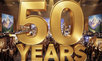 A viral, hyper-realistic YouTube thumbnail with a warm, golden Western Colorado atmosphere. The background is the packed interior of Grand Junction Convention Center filled with bright vendor booths, Colorado mountain murals, and smiling crowds under dramatic overhead lighting. The composition uses a wide, slightly low angle to focus on the main subject: a massive gleaming golden house model with "50 YEARS" carved into it. Image size should be 3:2. The image features massive 3D typography with strict hierarchy: The Primary Text reads exactly: '50 YEARS'. This text is massive, the largest element in the frame, rendered in polished gold chrome with subtle light flares to look like a high-budget 3D render. The Secondary Text reads exactly: 'GRAND JUNCTION EXPO'. This text is significantly smaller, positioned below the main text with a thick red sticker-style outline and slight drop shadow to pop against the background. The text materials correspond to the story's concept. Crucial Instruction: There is absolutely NO other text, numbers, watermarks, or subtitles in this image other than these two specific lines. 8k, Unreal Engine 5, cinematic render