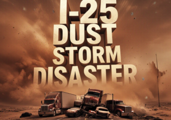 A viral, hyper-realistic YouTube thumbnail with a chaotic, apocalyptic desert storm atmosphere. The background is a blinding wall of red-brown dust swallowing Interstate 25, emergency lights barely cutting through the haze with dramatic god rays and flying debris. The composition uses a dramatic low-angle shot to focus on the main subject: a twisted chain of crashed semi trucks and cars piled up in zero visibility. Image size should be 3:2. The image features massive 3D typography with strict hierarchy: The Primary Text reads exactly: 'I-25 DUST STORM DISASTER'. This text is massive, the largest element in the frame, rendered in burning chrome metal with glowing orange edges to look like a high-budget 3D render. The Secondary Text reads exactly: '5 DEAD • 29 VEHICLES'. This text is significantly smaller, positioned below the main text. It features a thick, blood-red border/outline (sticker style) to contrast against the background. Make sure text 2 is always different theme, style, effect and border compared to text 1.