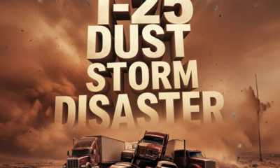A viral, hyper-realistic YouTube thumbnail with a chaotic, apocalyptic desert storm atmosphere. The background is a blinding wall of red-brown dust swallowing Interstate 25, emergency lights barely cutting through the haze with dramatic god rays and flying debris. The composition uses a dramatic low-angle shot to focus on the main subject: a twisted chain of crashed semi trucks and cars piled up in zero visibility. Image size should be 3:2. The image features massive 3D typography with strict hierarchy: The Primary Text reads exactly: 'I-25 DUST STORM DISASTER'. This text is massive, the largest element in the frame, rendered in burning chrome metal with glowing orange edges to look like a high-budget 3D render. The Secondary Text reads exactly: '5 DEAD • 29 VEHICLES'. This text is significantly smaller, positioned below the main text. It features a thick, blood-red border/outline (sticker style) to contrast against the background. Make sure text 2 is always different theme, style, effect and border compared to text 1.