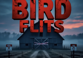 A viral, hyper-realistic YouTube thumbnail with a dark, ominous rural farm atmosphere. The background is a misty Indiana turkey farm at dawn with barren fields and quarantine signs, deep reds and cold blues lighting. The composition uses a dramatic low angle to focus on the main subject: a large, abandoned turkey barn with biohazard tape across the doors. Image size should be 3:2. The image features massive 3D typography with strict hierarchy: The Primary Text reads exactly: 'BIRD FLU HITS'. This text is massive, the largest element in the frame, rendered in blood-red chrome metal with dripping wet effects to look like a high-budget 3D render. The Secondary Text reads exactly: 'JAY COUNTY'. This text is significantly smaller, positioned below the main text. It features a thick, glowing yellow hazard-style border/outline to contrast against the background. Make sure text 2 is always different theme, style, effect and border compared to te