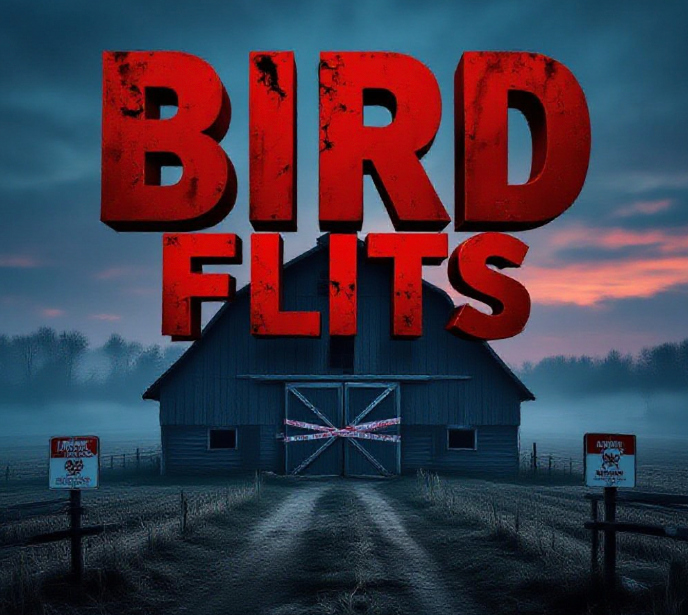 A viral, hyper-realistic YouTube thumbnail with a dark, ominous rural farm atmosphere. The background is a misty Indiana turkey farm at dawn with barren fields and quarantine signs, deep reds and cold blues lighting. The composition uses a dramatic low angle to focus on the main subject: a large, abandoned turkey barn with biohazard tape across the doors. Image size should be 3:2.
The image features massive 3D typography with strict hierarchy:
The Primary Text reads exactly: 'BIRD FLU HITS'. This text is massive, the largest element in the frame, rendered in blood-red chrome metal with dripping wet effects to look like a high-budget 3D render.
The Secondary Text reads exactly: 'JAY COUNTY'. This text is significantly smaller, positioned below the main text. It features a thick, glowing yellow hazard-style border/outline to contrast against the background. Make sure text 2 is always different theme, style, effect and border compared to te