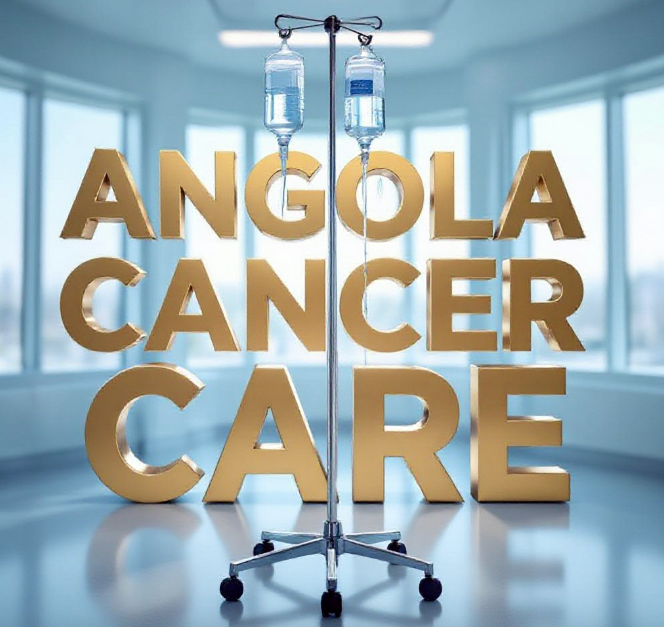 A viral, hyper-realistic YouTube thumbnail with a hopeful medical atmosphere. The background is a bright, modern hospital infusion suite with soft natural light pouring through large windows. The composition uses a low-angle shot to focus on the main subject: a sleek, chrome IV pole standing tall with clear infusion bags gently glowing. Image size should be 3:2.
The image features massive 3D typography with strict hierarchy:
The Primary Text reads exactly: 'ANGOLA CANCER CARE'. This text is massive, the largest element in the frame, rendered in premium brushed gold with subtle medical blue glow to look like a high-budget 3D render.
The Secondary Text reads exactly: 'MAJOR EXPANSION NOW'. This text is significantly smaller, positioned below the main text. It features a thick white border with red outline (sticker style) to contrast against the background. Make sure text 2 is always different theme, style, effect and border compared to text 1.