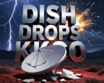 A viral, hyper-realistic YouTube thumbnail with a dramatic red-and-black tech apocalypse atmosphere. The background is a dark Western Colorado night sky over the Grand Mesa with lightning cracks and a massive satellite dish exploding in sparks. The composition uses a low dramatic angle to focus on the main subject: a cracked Dish Network satellite dish lying broken on red desert rock. Image size should be 3:2. The image features massive 3D typography with strict hierarchy: The Primary Text reads exactly: 'DISH DROPS KKCO'. This text is massive, the largest element in the frame, rendered in molten chrome steel with glowing red cracks like breaking metal. The Secondary Text reads exactly: 'TUESDAY 7PM'. This text is significantly smaller, positioned below the main text. It features a thick electric blue neon border with pulsing glow effect to contrast against the dark sky. 8k, Unreal Engine 5, cinematic render