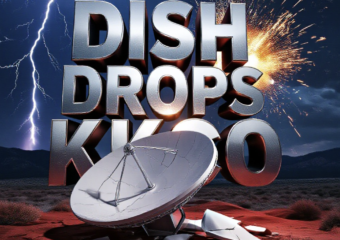 A viral, hyper-realistic YouTube thumbnail with a dramatic red-and-black tech apocalypse atmosphere. The background is a dark Western Colorado night sky over the Grand Mesa with lightning cracks and a massive satellite dish exploding in sparks. The composition uses a low dramatic angle to focus on the main subject: a cracked Dish Network satellite dish lying broken on red desert rock. Image size should be 3:2. The image features massive 3D typography with strict hierarchy: The Primary Text reads exactly: 'DISH DROPS KKCO'. This text is massive, the largest element in the frame, rendered in molten chrome steel with glowing red cracks like breaking metal. The Secondary Text reads exactly: 'TUESDAY 7PM'. This text is significantly smaller, positioned below the main text. It features a thick electric blue neon border with pulsing glow effect to contrast against the dark sky. 8k, Unreal Engine 5, cinematic render