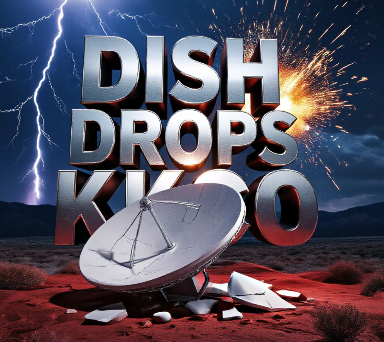 A viral, hyper-realistic YouTube thumbnail with a dramatic red-and-black tech apocalypse atmosphere. The background is a dark Western Colorado night sky over the Grand Mesa with lightning cracks and a massive satellite dish exploding in sparks. The composition uses a low dramatic angle to focus on the main subject: a cracked Dish Network satellite dish lying broken on red desert rock. Image size should be 3:2.
The image features massive 3D typography with strict hierarchy:
The Primary Text reads exactly: 'DISH DROPS KKCO'. This text is massive, the largest element in the frame, rendered in molten chrome steel with glowing red cracks like breaking metal.
The Secondary Text reads exactly: 'TUESDAY 7PM'. This text is significantly smaller, positioned below the main text. It features a thick electric blue neon border with pulsing glow effect to contrast against the dark sky. 8k, Unreal Engine 5, cinematic render