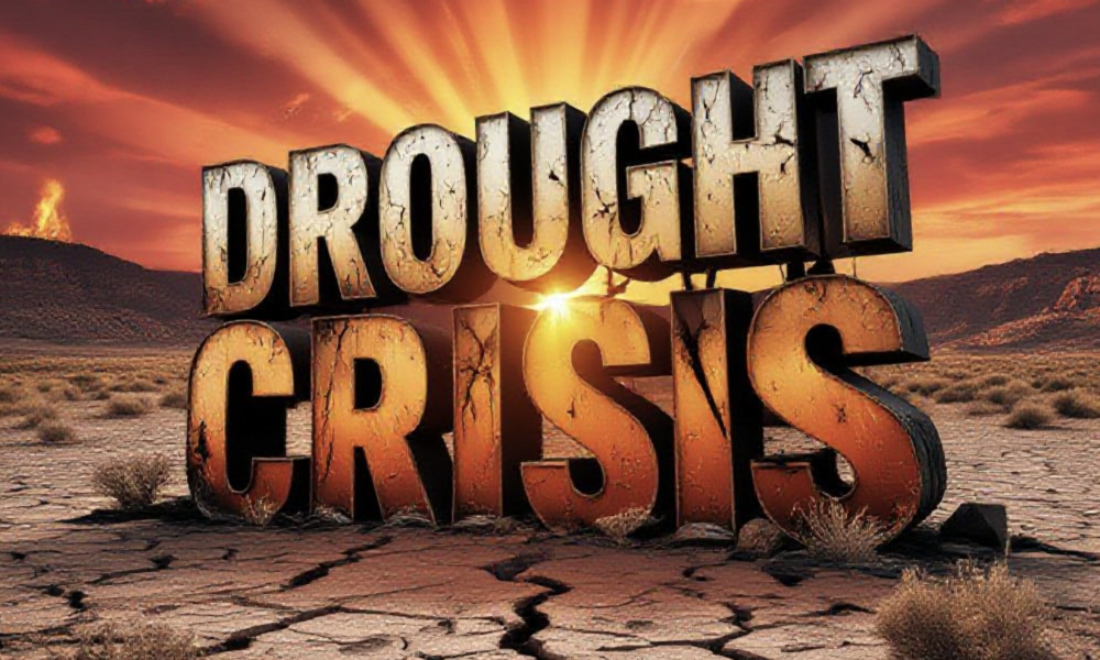 A viral, hyper-realistic YouTube thumbnail with a scorching desert-red and fiery orange atmosphere. The background is a cracked, bone-dry Colorado River bed with dead sagebrush and distant burning hills under a blood-red sunset sky with dramatic god rays. The composition uses a dramatic low-angle shot to focus on the main subject: a massive, weathered Colorado state welcome sign completely splintered and charred. Image size should be 3:2. The image features massive 3D typography with strict hierarchy: The Primary Text reads exactly: 'DROUGHT CRISIS'. This text is massive, the largest element in the frame, rendered in molten lava-orange chrome with glowing ember edges to look like a high-budget 3D render. The Secondary Text reads exactly: 'Zero Rain All Week'. This text is significantly smaller, positioned below the main text. It features a thick, cracked-earth brown border/outline to contrast against the background. Make sure text 2 is always different theme, style, effect and border compared to text 1. The text materials correspond to the story's concept. Crucial Instruction: There is absolutely NO other text, numbers, watermarks, or subtitles in this image other than these two specific lines. 8k, Unreal Engine 5, cinematic render