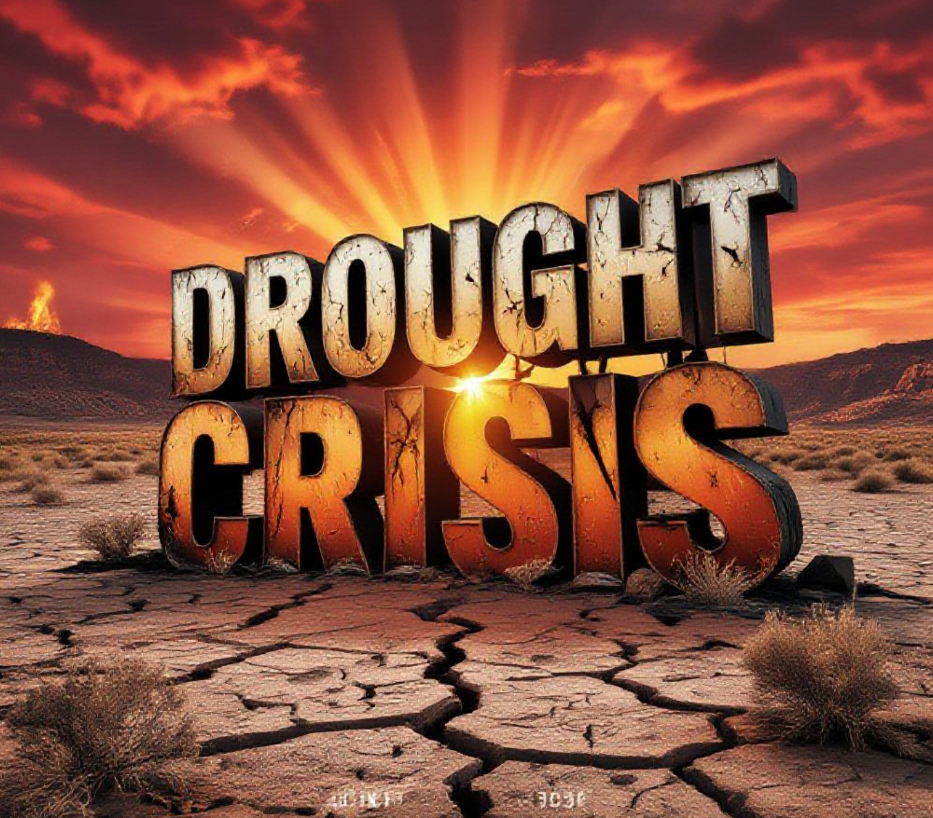A viral, hyper-realistic YouTube thumbnail with a scorching desert-red and fiery orange atmosphere. The background is a cracked, bone-dry Colorado River bed with dead sagebrush and distant burning hills under a blood-red sunset sky with dramatic god rays. The composition uses a dramatic low-angle shot to focus on the main subject: a massive, weathered Colorado state welcome sign completely splintered and charred. Image size should be 3:2. The image features massive 3D typography with strict hierarchy: The Primary Text reads exactly: 'DROUGHT CRISIS'. This text is massive, the largest element in the frame, rendered in molten lava-orange chrome with glowing ember edges to look like a high-budget 3D render. The Secondary Text reads exactly: 'Zero Rain All Week'. This text is significantly smaller, positioned below the main text. It features a thick, cracked-earth brown border/outline to contrast against the background. Make sure text 2 is always different theme, style, effect and border compared to text 1. The text materials correspond to the story's concept. Crucial Instruction: There is absolutely NO other text, numbers, watermarks, or subtitles in this image other than these two specific lines. 8k, Unreal Engine 5, cinematic render