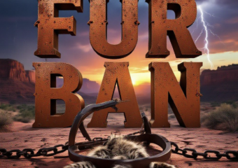 A viral, hyper-realistic YouTube thumbnail with a dramatic Western atmosphere. The background is a stormy Colorado mesa sunset over red rock canyons with lightning cracking in the distance. The composition uses a low-angle cinematic shot to focus on the main subject: a weathered steel animal trap dramatically chained to cracked desert ground with fresh bobcat fur caught in its jaws. Image size should be 3:2. The image features massive 3D typography with strict hierarchy: The Primary Text reads exactly: 'FUR BAN'. This text is massive, the largest element in the frame, rendered in rusted blood-red steel to look like a high-budget 3D render. The Secondary Text reads exactly: 'COLORADO SHOWDOWN'. This text is significantly smaller, positioned below the main text. It features a thick, glowing orange border/outline (sticker style) to contrast against the background. Make sure text 2 is always different theme, style, effect and border compared to text 1.