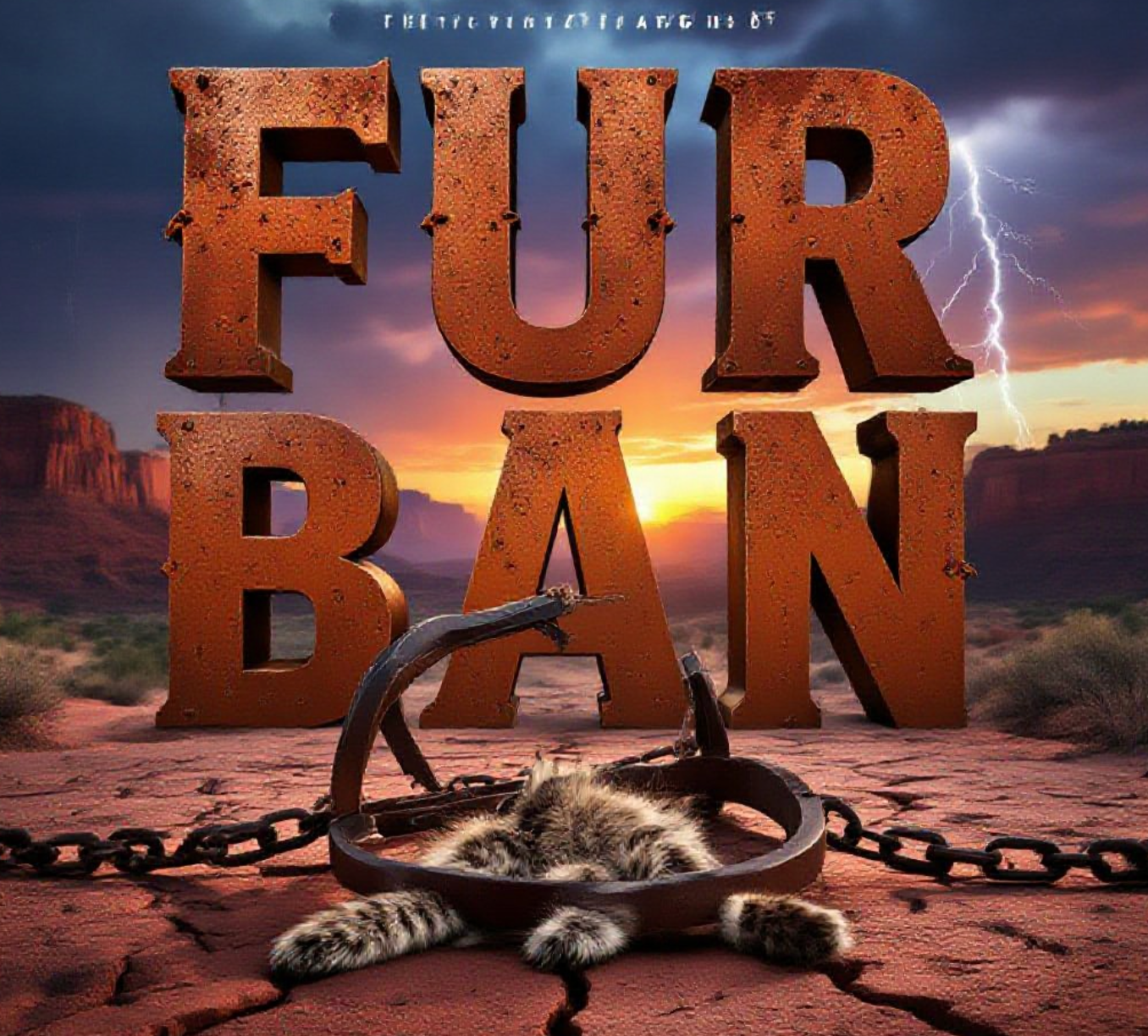 A viral, hyper-realistic YouTube thumbnail with a dramatic Western atmosphere. The background is a stormy Colorado mesa sunset over red rock canyons with lightning cracking in the distance. The composition uses a low-angle cinematic shot to focus on the main subject: a weathered steel animal trap dramatically chained to cracked desert ground with fresh bobcat fur caught in its jaws. Image size should be 3:2.
The image features massive 3D typography with strict hierarchy:
The Primary Text reads exactly: 'FUR BAN'. This text is massive, the largest element in the frame, rendered in rusted blood-red steel to look like a high-budget 3D render.
The Secondary Text reads exactly: 'COLORADO SHOWDOWN'. This text is significantly smaller, positioned below the main text. It features a thick, glowing orange border/outline (sticker style) to contrast against the background. Make sure text 2 is always different theme, style, effect and border compared to text 1.