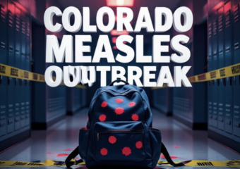 A viral, hyper-realistic YouTube thumbnail with a tense medical emergency atmosphere. The background is a dimly lit school hallway filled with blurred lockers and yellow caution tape under dramatic red emergency lighting. The composition uses a dramatic low-angle shot to focus on the main subject: a large, abandoned school backpack on the floor with bright red measles rash spots spreading across it like warning signals. Image size should be 3:2. The image features massive 3D typography with strict hierarchy: The Primary Text reads exactly: 'COLORADO MEASLES OUTBREAK'. This text is massive, the largest element in the frame, rendered in glowing neon red chrome to look like a high-budget 3D render. The Secondary Text reads exactly: '4 NEW CASES'. This text is significantly smaller, positioned below the main text. It features a thick white border with pulsing red outline to contrast against the background. Make sure text 2 is always different theme, style, effect and border compared to text 1.