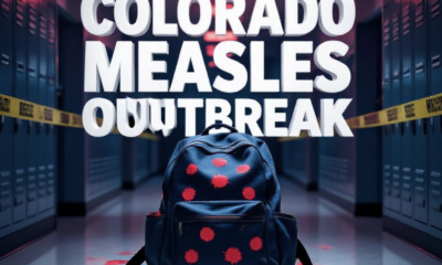 A viral, hyper-realistic YouTube thumbnail with a tense medical emergency atmosphere. The background is a dimly lit school hallway filled with blurred lockers and yellow caution tape under dramatic red emergency lighting. The composition uses a dramatic low-angle shot to focus on the main subject: a large, abandoned school backpack on the floor with bright red measles rash spots spreading across it like warning signals. Image size should be 3:2. The image features massive 3D typography with strict hierarchy: The Primary Text reads exactly: 'COLORADO MEASLES OUTBREAK'. This text is massive, the largest element in the frame, rendered in glowing neon red chrome to look like a high-budget 3D render. The Secondary Text reads exactly: '4 NEW CASES'. This text is significantly smaller, positioned below the main text. It features a thick white border with pulsing red outline to contrast against the background. Make sure text 2 is always different theme, style, effect and border compared to text 1.