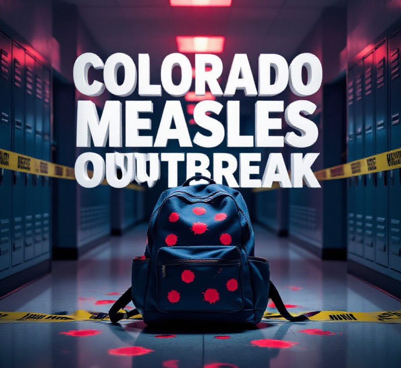 A viral, hyper-realistic YouTube thumbnail with a tense medical emergency atmosphere. The background is a dimly lit school hallway filled with blurred lockers and yellow caution tape under dramatic red emergency lighting. The composition uses a dramatic low-angle shot to focus on the main subject: a large, abandoned school backpack on the floor with bright red measles rash spots spreading across it like warning signals. Image size should be 3:2.
The image features massive 3D typography with strict hierarchy:
The Primary Text reads exactly: 'COLORADO MEASLES OUTBREAK'. This text is massive, the largest element in the frame, rendered in glowing neon red chrome to look like a high-budget 3D render.
The Secondary Text reads exactly: '4 NEW CASES'. This text is significantly smaller, positioned below the main text. It features a thick white border with pulsing red outline to contrast against the background. Make sure text 2 is always different theme, style, effect and border compared to text 1.