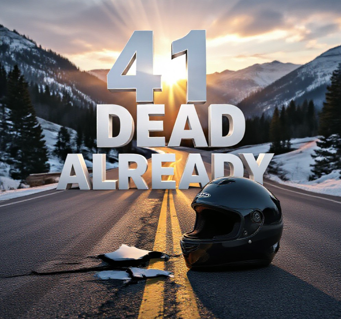 A viral, hyper-realistic YouTube thumbnail with a dramatic kinetic mountain highway atmosphere. The background is a twisting Colorado mountain pass at golden hour with lingering snow patches and loose gravel scattered on the asphalt, dramatic god rays cutting through pine trees. The composition uses a low dramatic camera angle to focus on the main subject: a lone abandoned full-face helmet lying cracked on the yellow center line with tire skid marks leading away. Image size should be 3:2.
The image features massive 3D typography with strict hierarchy:
The Primary Text reads exactly: '41 DEAD ALREADY'. This text is massive, the largest element in the frame, rendered in dripping blood-red chrome to look like a high-budget 3D render.
The Secondary Text reads exactly: 'Colorado 2024'. This text is significantly smaller, positioned below the main text. It features a thick white glow border with cracked texture to contrast against the dark road. 8k, Unreal Engine 5, cinematic render
