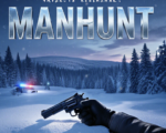A viral, hyper-realistic YouTube thumbnail with a dramatic winter crime atmosphere. The background is a vast snow-covered Grand Mesa forest at dusk with blowing snow and police search lights cutting through the trees with cold blue lighting. The composition uses a low dramatic camera angle to focus on the main subject: a gloved hand gripping a stolen handgun half-buried in fresh snow. Image size should be 3:2. The image features massive 3D typography with strict hierarchy: The Primary Text reads exactly: 'MANHUNT'. This text is massive, the largest element in the frame, rendered in icy chrome with frost and snow particles to look like a high-budget 3D render. The Secondary Text reads exactly: 'GRAND MESA'. This text is significantly smaller, positioned below the main text. It features a thick, glowing red border/outline (sticker style) to contrast against the background. Make sure text 2 is always different theme, style, effect and border compared to text 1.